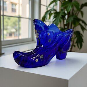 Vintage Cobalt Blue Glass Fenton Hand Painted Shoe Slipper Boot Signed